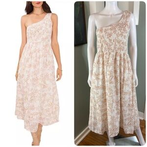1. State Etched Palm One-Shoulder Midi Dress Smocked Hawaiian Large L Sundress